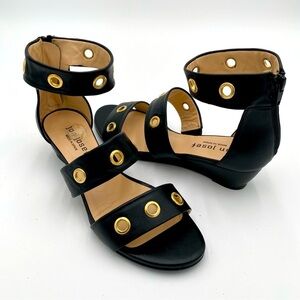 Jon‎ Josef Leather Wedge Strappy Heeled Summer Sandals Right Black Gold Size 7